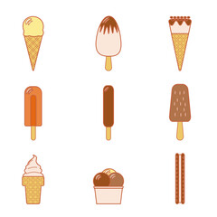 Line vector illustration of set of various types of ice cream including frozen yogurt, gelato, soft serve, waffle cones, popsicles and other. Isolated on white background.