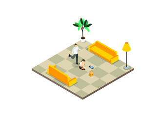 Domestic violence vector concept. Angry husband kicking his scared wife while having conflict in the living room at home