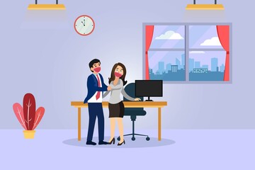 Sexual harassment vector concept. Male boss wearing face mask while harassing female employee in the office