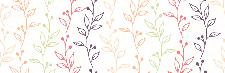 Berry bush branches hand drawn vector seamless pattern. Minimalist floral textile print. Meadow plants foliage and blossom illustration. Berry bush twigs doodle repeating swatch