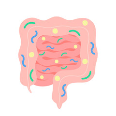 Good microflora intestine with lactobacillus, healthy gut. Health internal digestive bowel system. Beneficial bacteria in inside gastrointestinal organ. Vector cartoon illustration