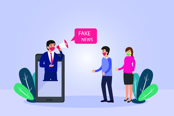 Fake news vector concept. Young man wearing face mask while announcing fake news to people on a mobile phone