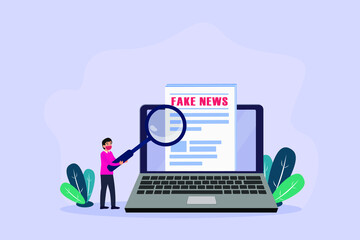 Fake news vector concept. Young man wearing face mask while using a magnifying glass to checking fake news on the laptop screen