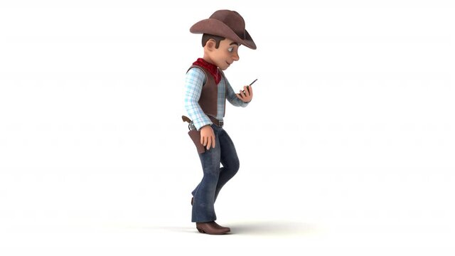 Fun 3D cartoon cowboy walking with a smartphone