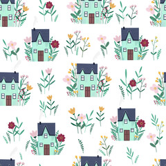 Raster seamless background, imitation of art oil. Cute cartoon stuffs, tiny houses in flowers. Kids illustration for wrapping paper, textile, decorations. - 430103849