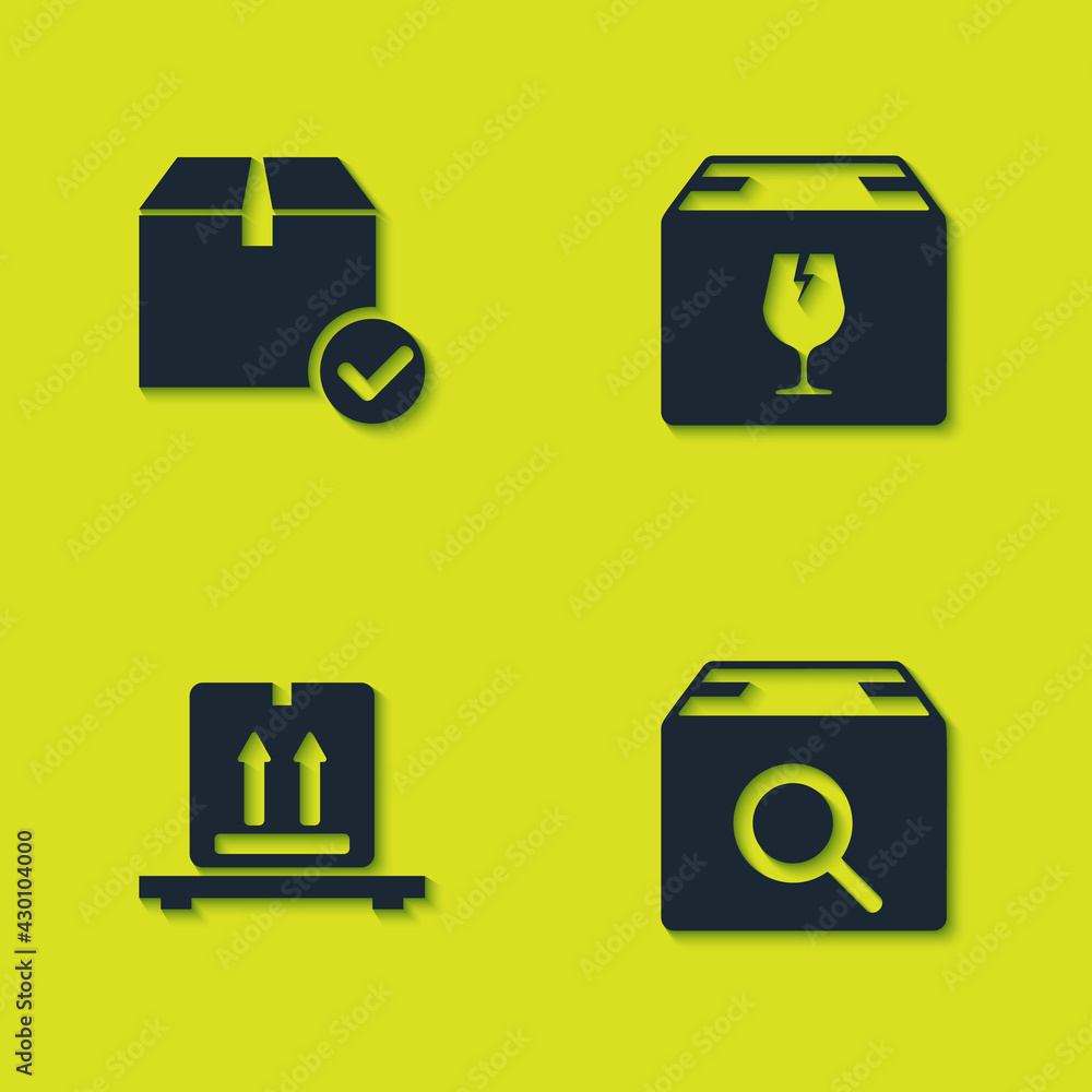 Poster set package box with check mark, search package, cardboard boxes on pallet and delivery fragile cont