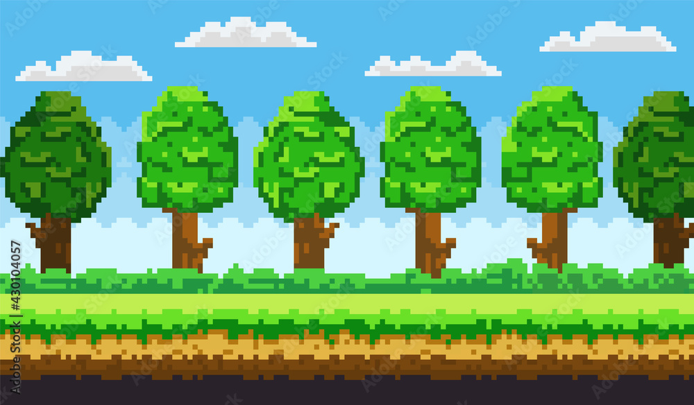 Poster pixel-game background. pixel art game scene with green grass and tall trees against blue sky with cl