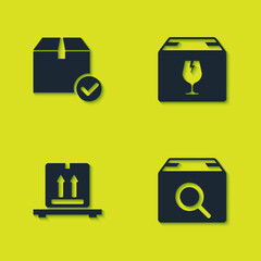 Set Package box with check mark, Search package, Cardboard boxes on pallet and Delivery fragile content icon. Vector