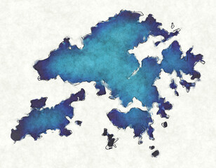 Hongkong map with drawn lines and blue watercolor illustration
