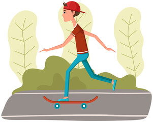 Cool hipster man with skateboard in park. Young man, riding transport on road. Urban citizen doing sports. Modern guy pushes off and rides. Male character riding skateboard vector illustration