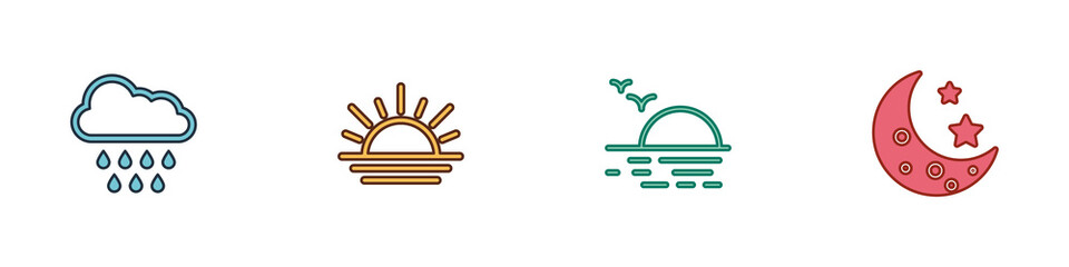 Set Cloud with rain, Sunset, and Moon and stars icon. Vector