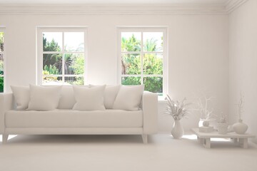 Mock up of stylish room in white color with sofa and green landscape in window. Scandinavian interior design. 3D illustration