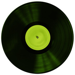 Black vinyl record in green light isolated on white background.