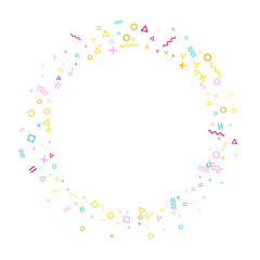 Memphis style geometric confetti background with triangle, circle, square, zigzag and wavy line