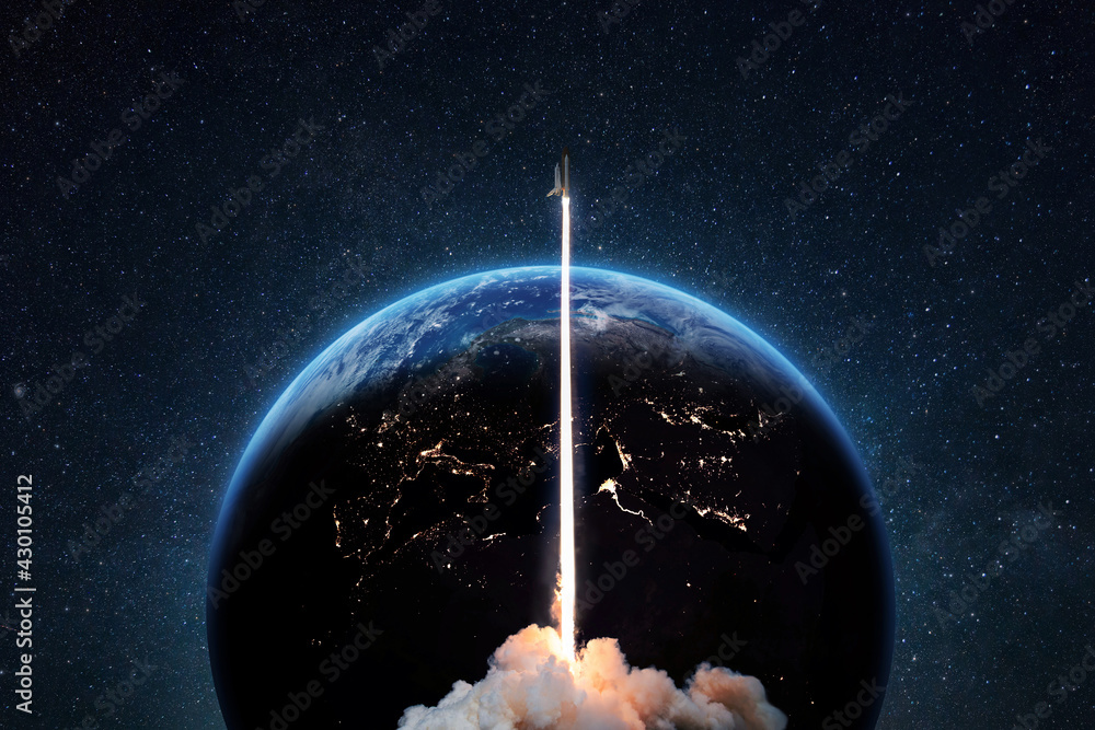 Poster rocket successful takeoff into deep starry space against the backdrop of the blue earth planet. spac