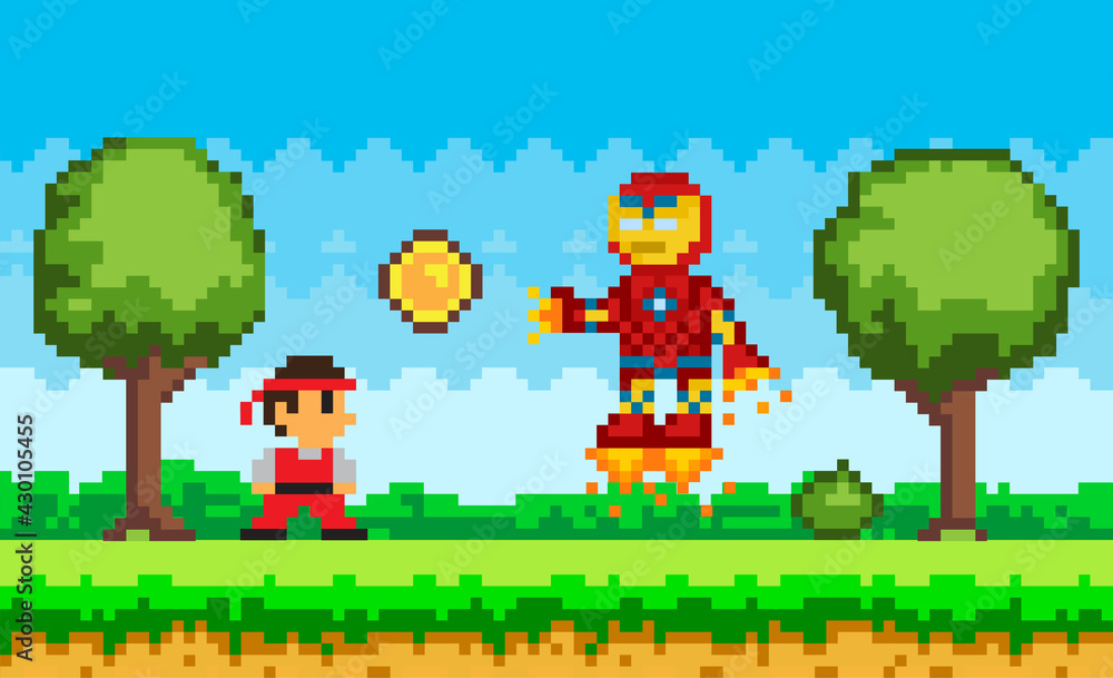 Aufkleber robot in jet boots attacks cartoon character. pixelated bot flying near ninja in suit. pixel game de