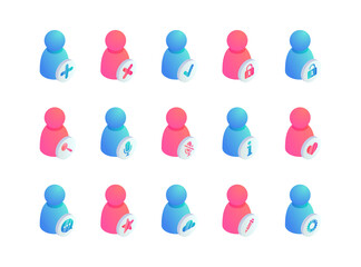 Fototapeta premium User isometric icons set. 3d Personal information, account settings and protection, user search, web profile safety icon. Vector social media app infographic