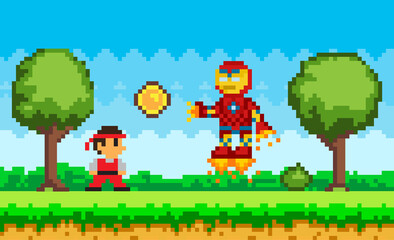 Robot in jet boots attacks cartoon character. Pixelated bot flying near ninja in suit. Pixel game design element. Pixel art game scene. Man looking at boss evil hero. Battle between guy and flying bot © robu_s