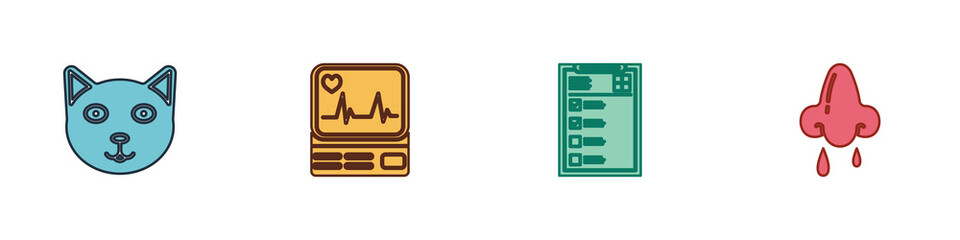 Set Pet, Monitor with cardiogram, Clinical record and Runny nose icon. Vector
