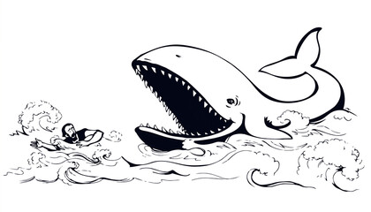 Man swims through the waves of the storm. Vector drawing