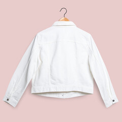 White denim jacket rear view streetwear fashion