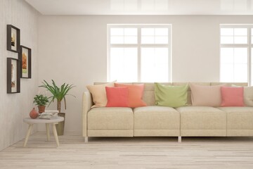 White living room with sofa. Scandinavian interior design. 3D illustration