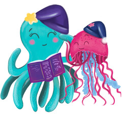 Ocean friends cartoon illustration. Ocean fauna cartoon in cartoon style.