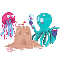 Ocean friends cartoon illustration. Ocean fauna cartoon in cartoon style.