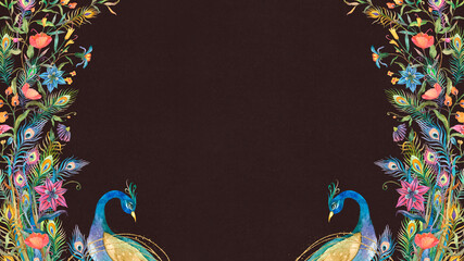 Peacocks frame with watercolor flowers on black background