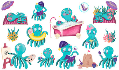 Ocean friends cartoon illustration. Ocean fauna cartoon in cartoon style. Cute octopus illustration.