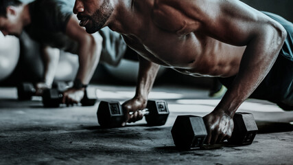 Fototapeta na wymiar Muscular man weight training with dumbbells wallpaper