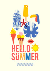 Hello, Summer Season poster template with silk-screen effect. Serigraphy design