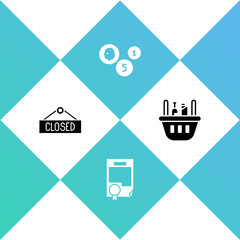 Set Hanging sign with Closed, Certificate template, Coin money and Shopping basket and food icon. Vector