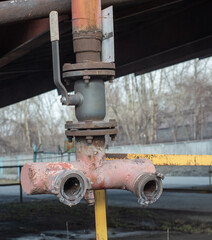 Fire hydrant red with hose connected close-up