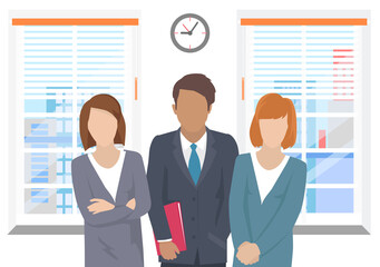 Business team ready to work. Teamwork. Coworkers characters communication. Team building and business partnership. Businessmen people cooperation collaboration. Office workers clerks standing together