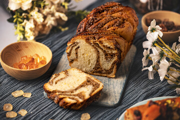 Fototapeta na wymiar Sweet swirl bread walnut babka