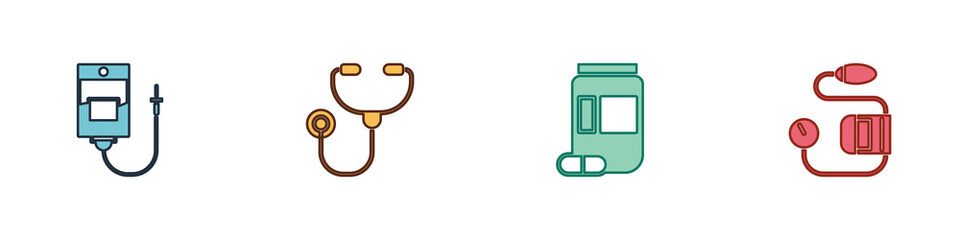 Set IV bag, Stethoscope, Medicine bottle and pills and Blood pressure icon. Vector