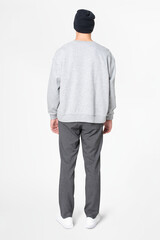 Man in gray basic sweater with design space casual apparel full body