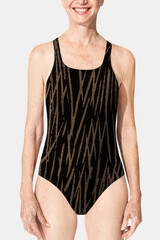 Senior woman in zig-zag pattern one-piece swimsuit summer apparel