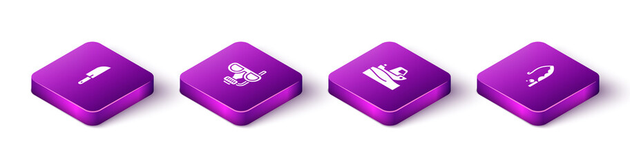 Set Isometric Knife, Diving mask and snorkel, Fishing boat on water and rod icon. Vector