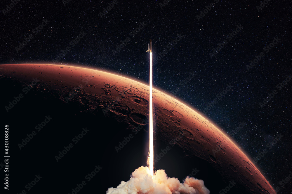 Aufkleber Rocket launch to the red planet Mars. Spaceship takes off into starry deep space with red planet and horizon Mars. Space mission ant travel
