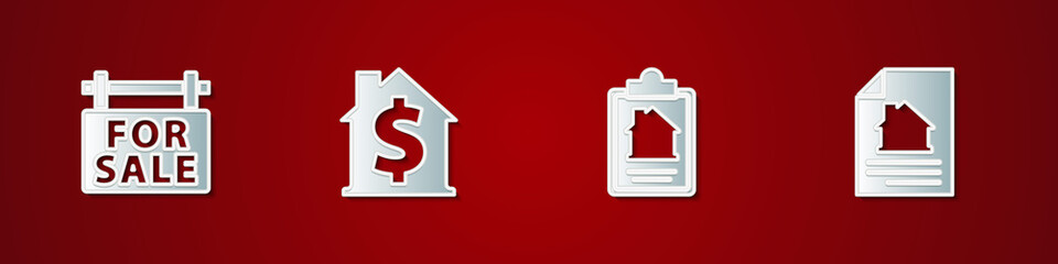 Set Hanging sign with For Sale, House dollar symbol, contract and icon. Vector