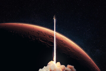 Rocket launch to the red planet Mars. Spaceship takes off into starry deep space with red planet...