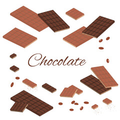 Isometric vector Chocolate bars and pieces set. Milk and dark Chocolate isolated on white background.