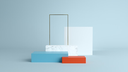 Abstract minimal scene with geometrical forms. Cube podiums in cream cwcase, shopfront,Scene to show cosmetic podructs. display case. 3d render. olors. Abstract background. Sho