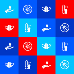 Set Washing hands with soap, Stop virus, Medical protective mask and High human body temperature icon. Vector