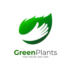 Leaf nature logo with hand design, green color