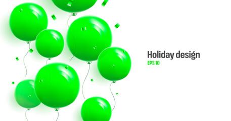Cover backdrop with bright green round balloons and confetti flying up, realistic 3d graphic element with place for copy