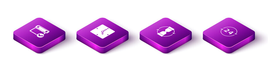Set Isometric Calendar with check mark, Clock, Old hourglass and 24 hours icon. Vector