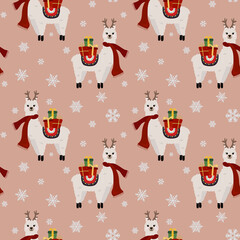 Winter seamless pattern with Christmas llamas,  snowflakes and gifts. Background for wrapping paper,  greeting cards and seasonal designs.